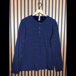 New American Apparel Shirt Medium Mens Black Blue Long Sleeve Henley Striped